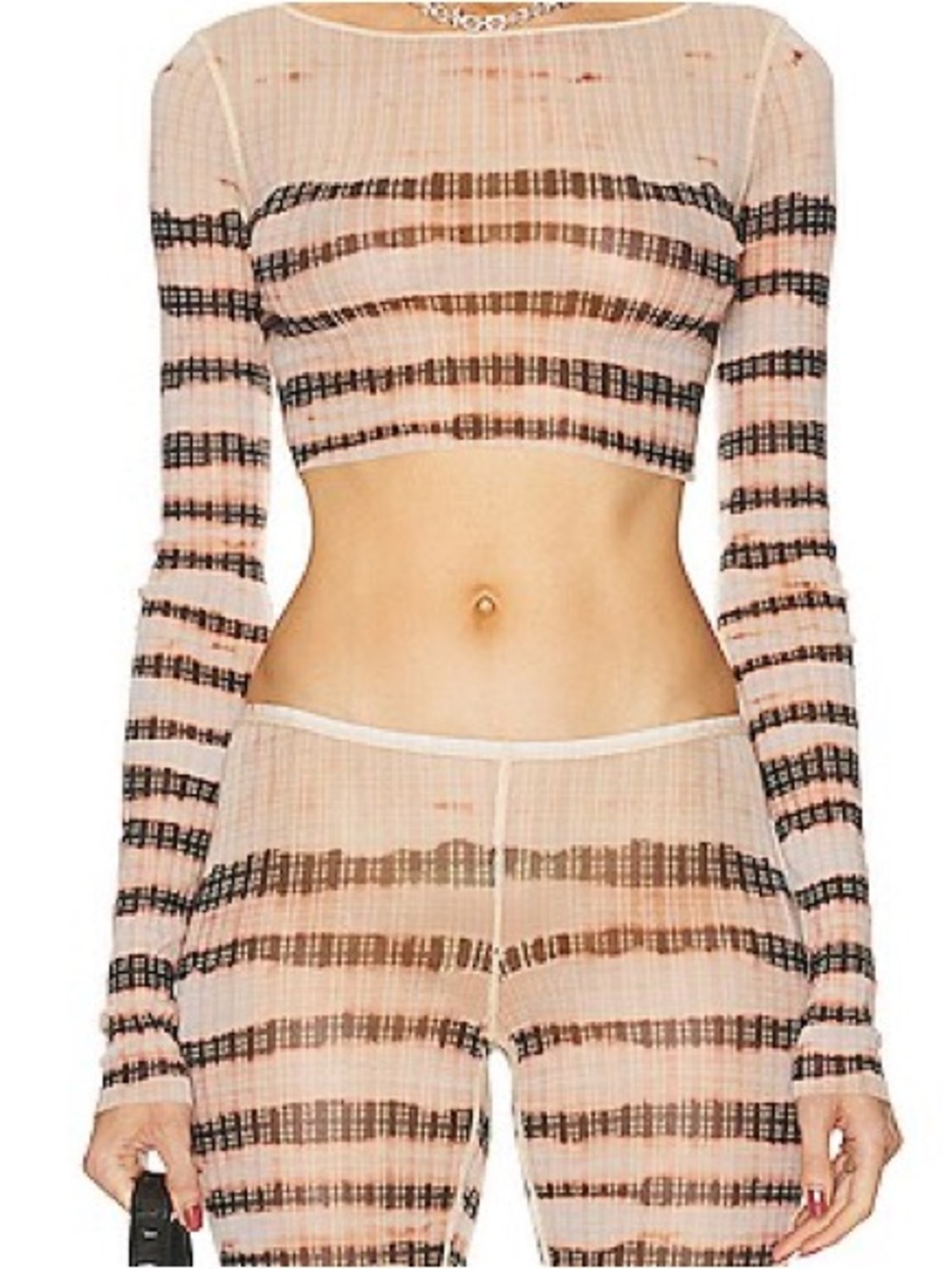 Sheer Striped Crop Top & Pants Set - Blush & Black
